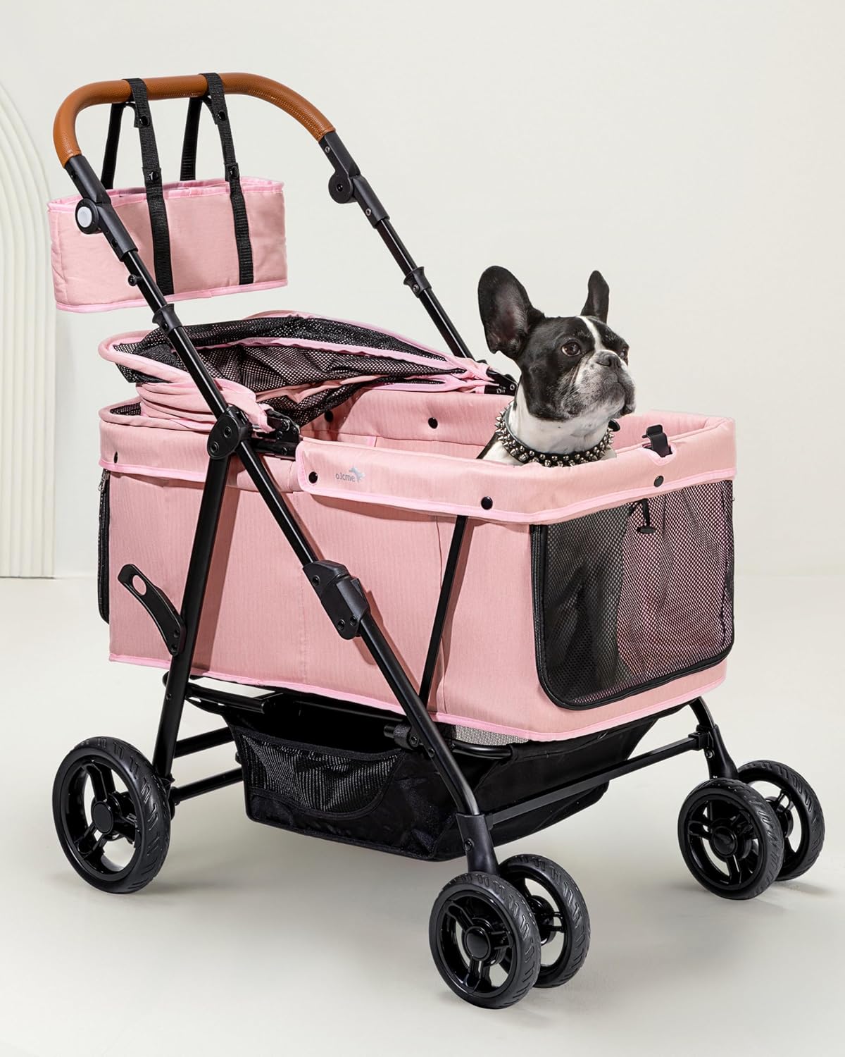 Pink heavy-duty dog stroller with steel frame and ventilated canopy, designed for large and medium dogs up to 132 lbs โ view 6