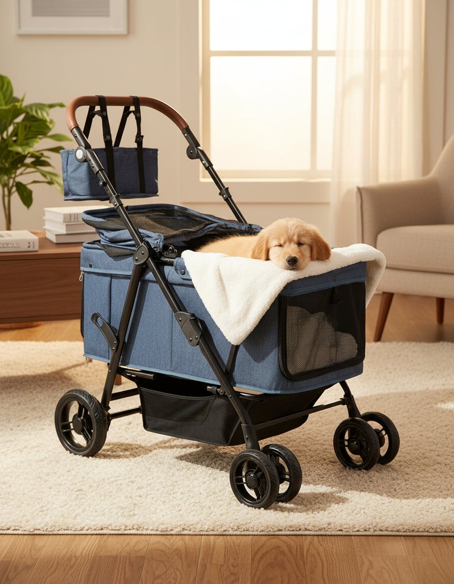 Pink heavy-duty dog stroller with steel frame and ventilated canopy, designed for large and medium dogs up to 132 lbs โ view 3a