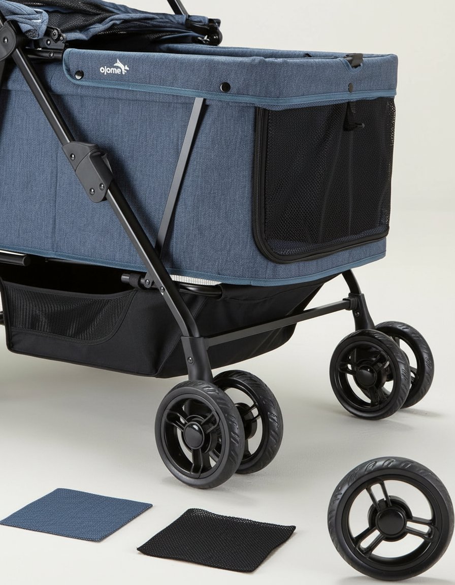 Pink heavy-duty dog stroller with steel frame and ventilated canopy, designed for large and medium dogs up to 132 lbs โ view 5b