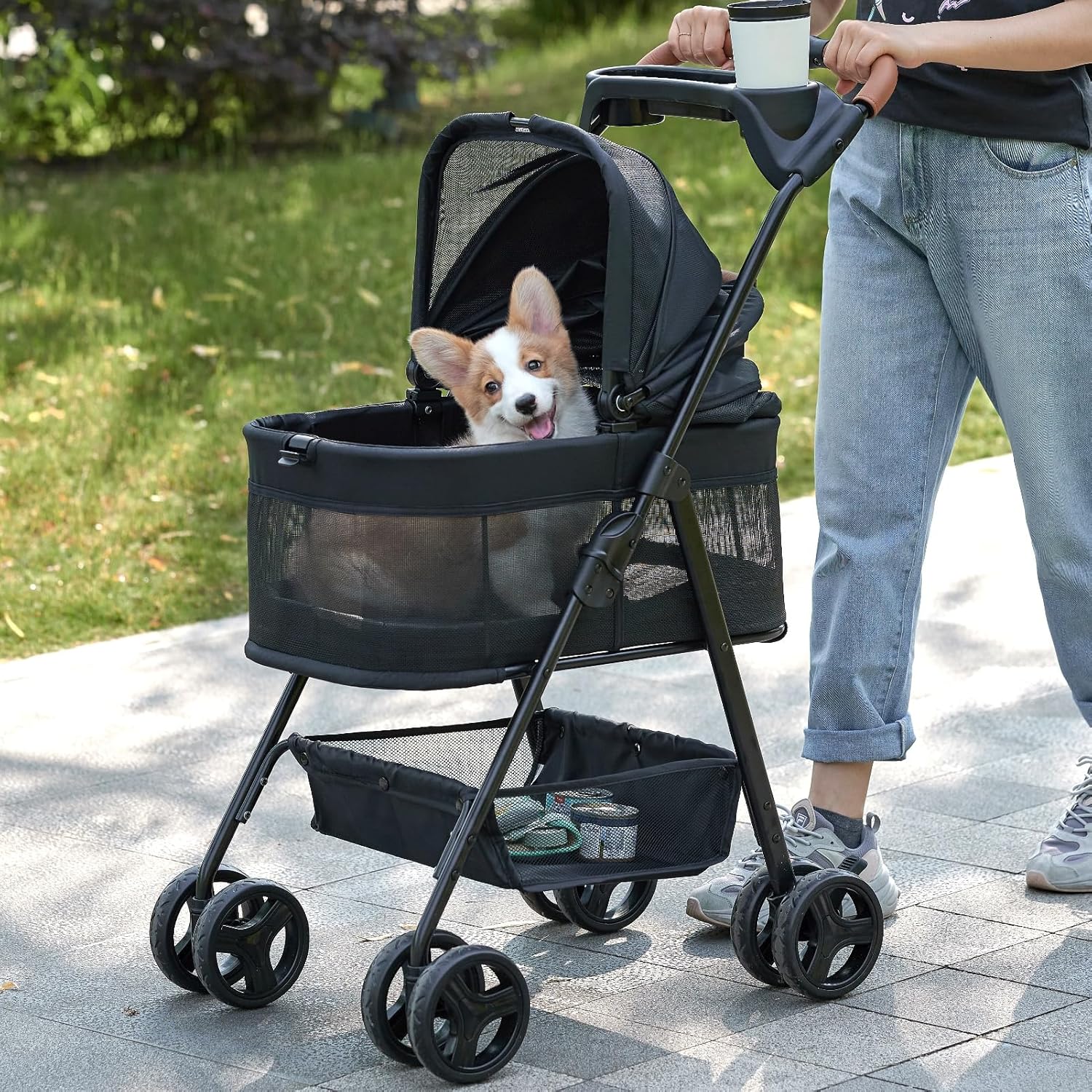 Gray waterproof 3-in-1 pet stroller with removable carrier and sun shades, all-terrain wheels for dogs and cats โ view 1