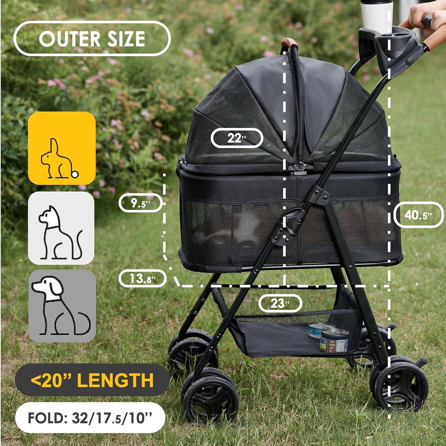 Gray waterproof 3-in-1 pet stroller with removable carrier and sun shades, all-terrain wheels for dogs and cats โ view 2