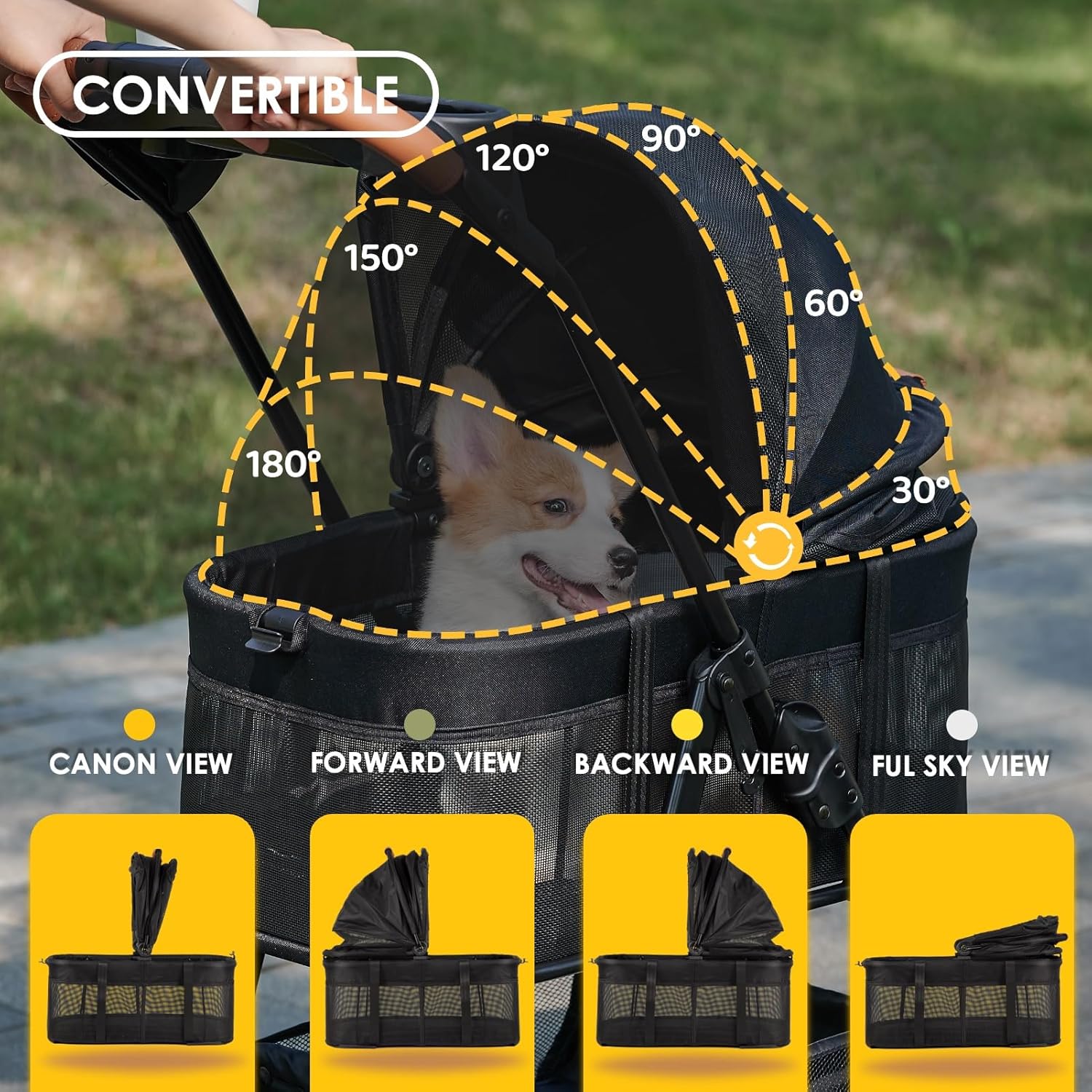 Gray waterproof 3-in-1 pet stroller with removable carrier and sun shades, all-terrain wheels for dogs and cats โ view 3