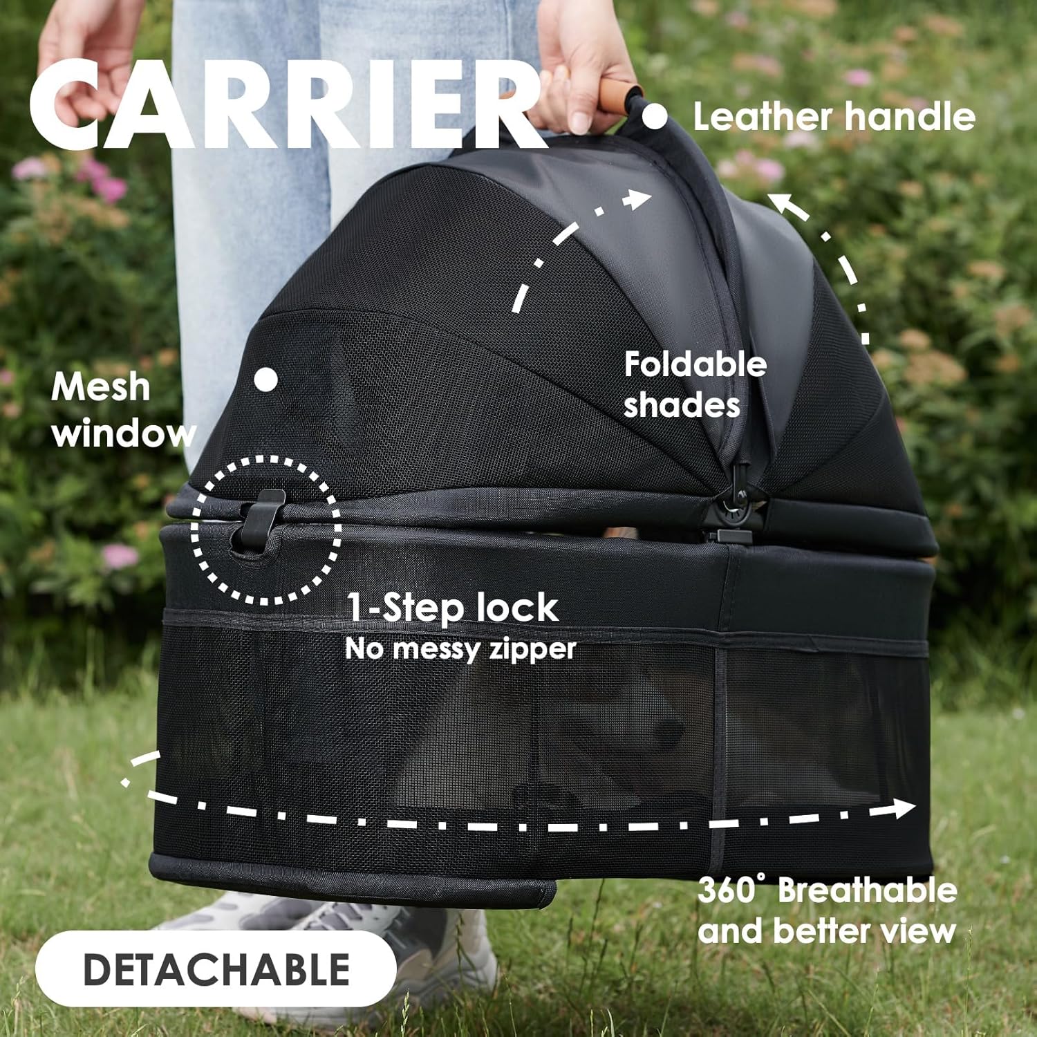 Gray waterproof 3-in-1 pet stroller with removable carrier and sun shades, all-terrain wheels for dogs and cats โ view 2