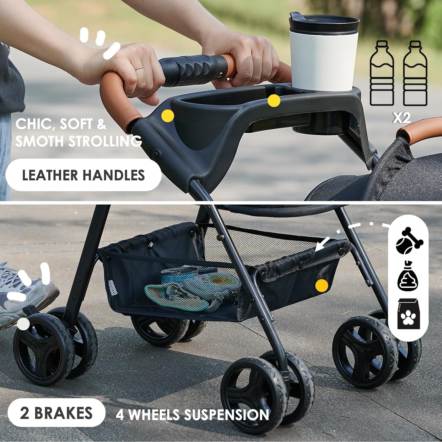 Gray waterproof 3-in-1 pet stroller with removable carrier and sun shades, all-terrain wheels for dogs and cats โ view 3