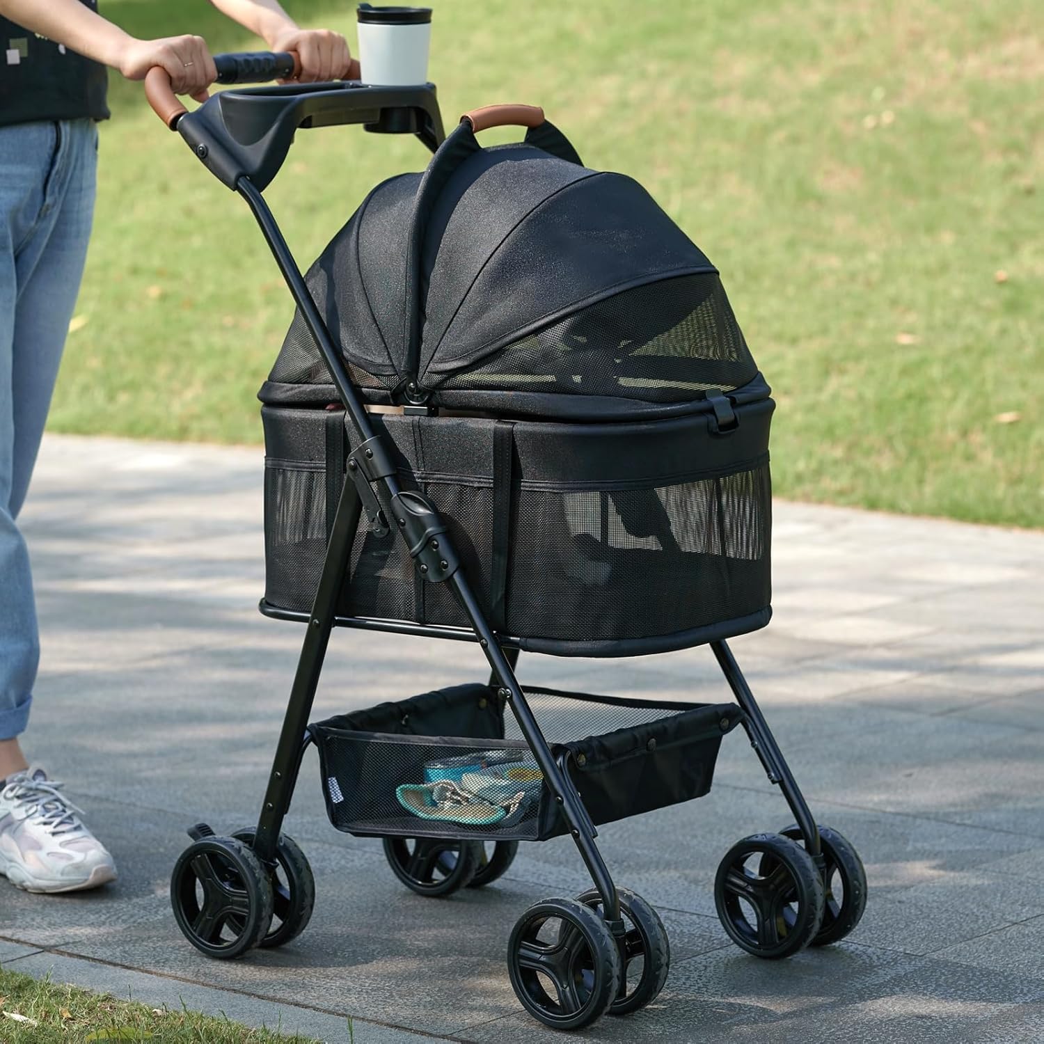 Gray waterproof 3-in-1 pet stroller with removable carrier and sun shades, all-terrain wheels for dogs and cats โ view 4
