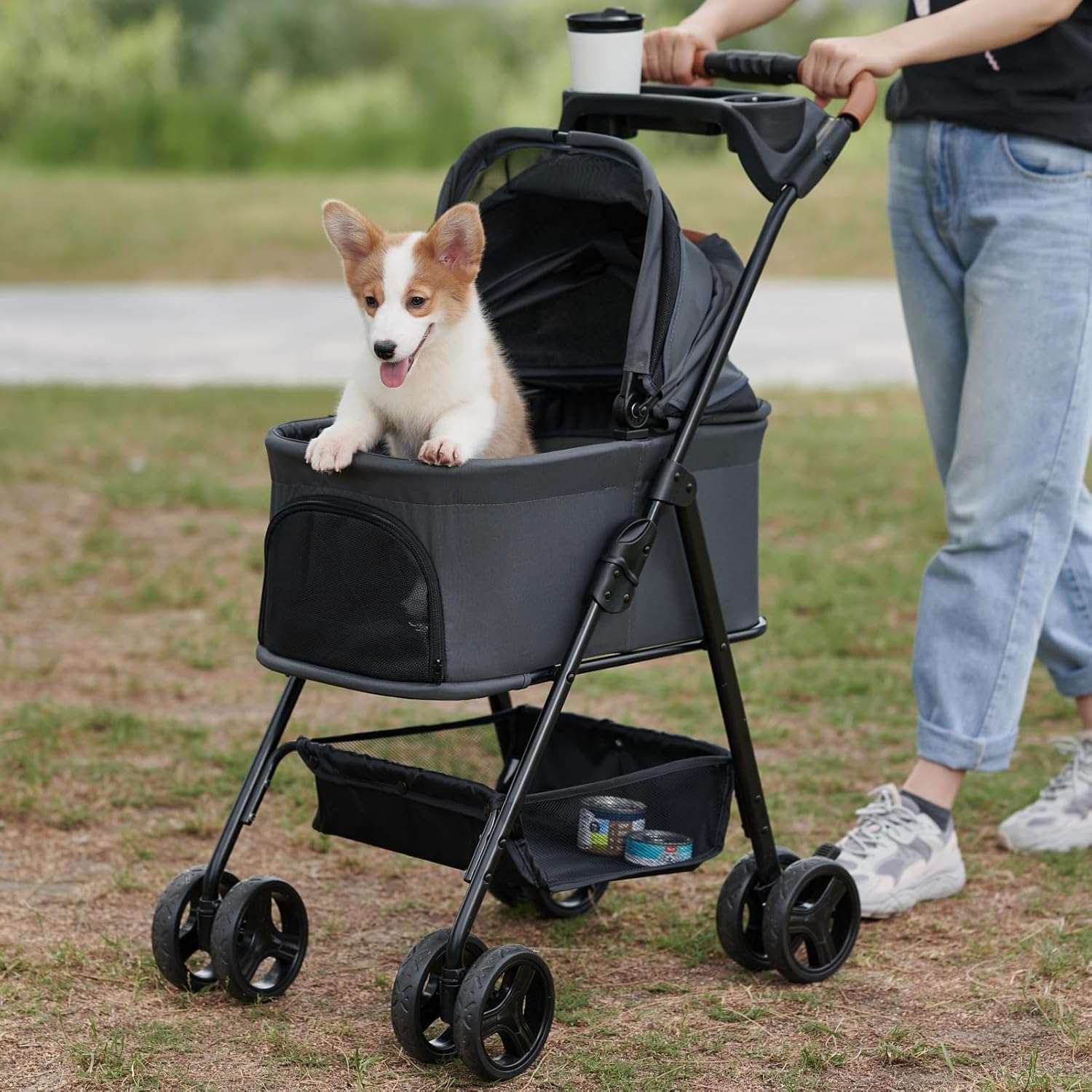 Gray waterproof 3-in-1 pet stroller with removable carrier and sun shades, all-terrain wheels for dogs and cats โ view 5