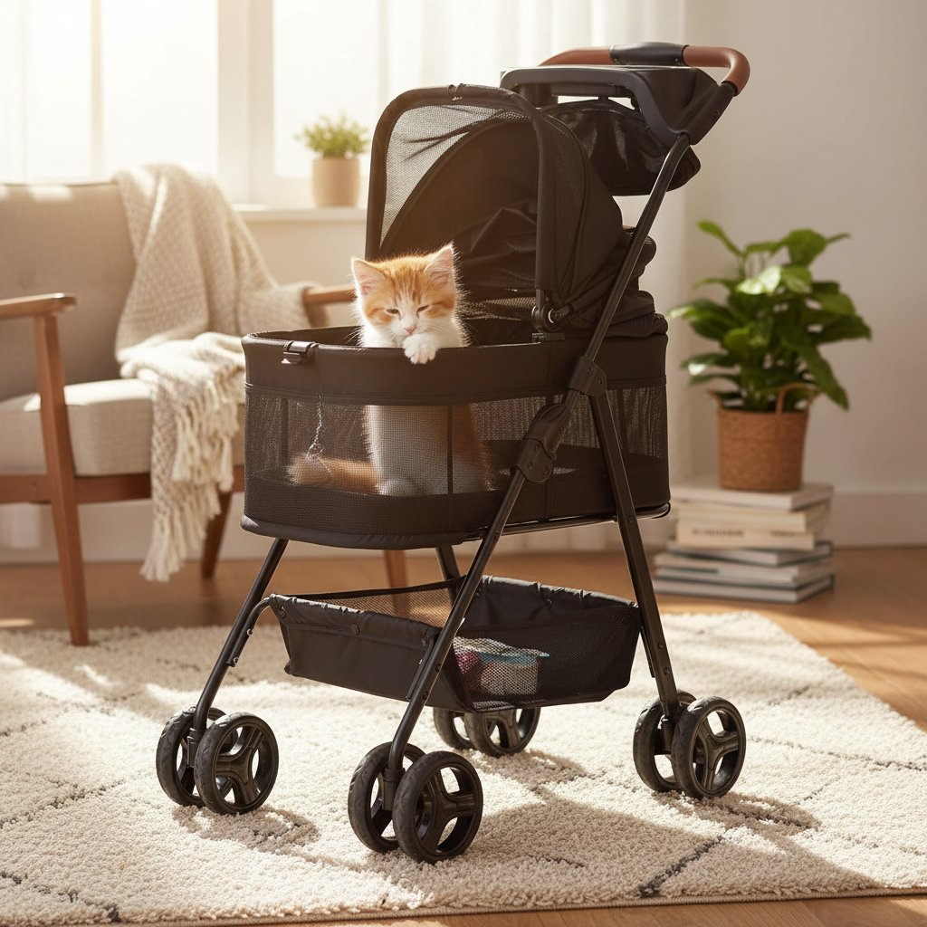Gray waterproof 3-in-1 pet stroller with removable carrier and sun shades, all-terrain wheels for dogs and cats — view 3a
