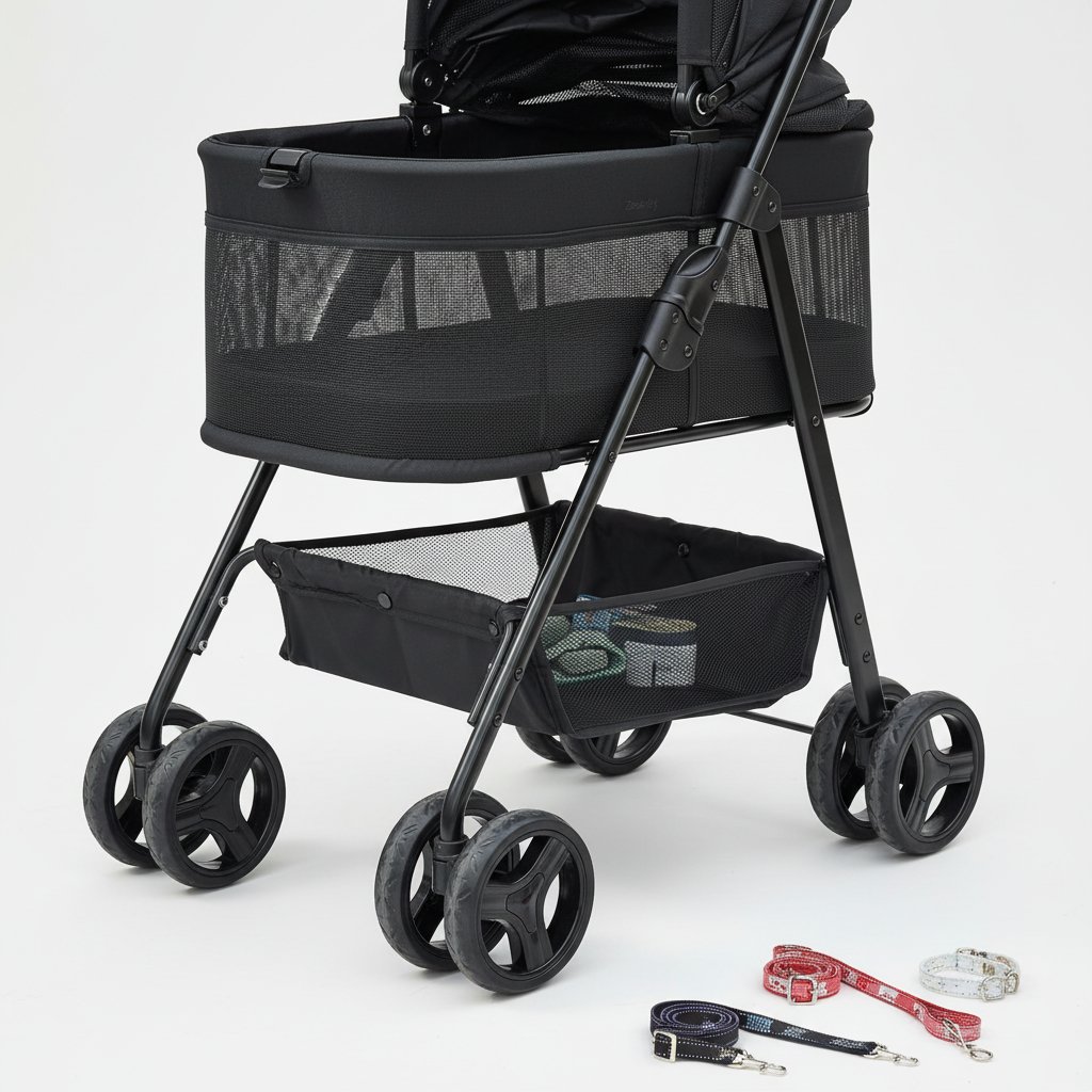 Gray waterproof 3-in-1 pet stroller with removable carrier and sun shades, all-terrain wheels for dogs and cats — view 5b