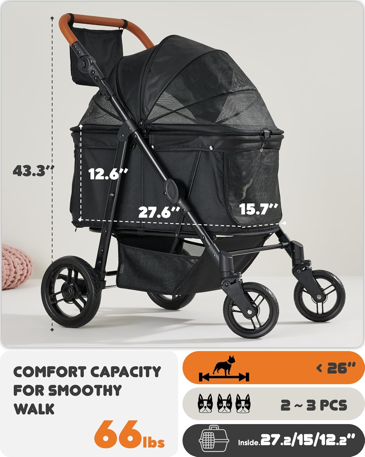 All-terrain dog stroller in gray with waterproof Oxford fiber, adjustable canopy, and storage organizer for large dogs — side