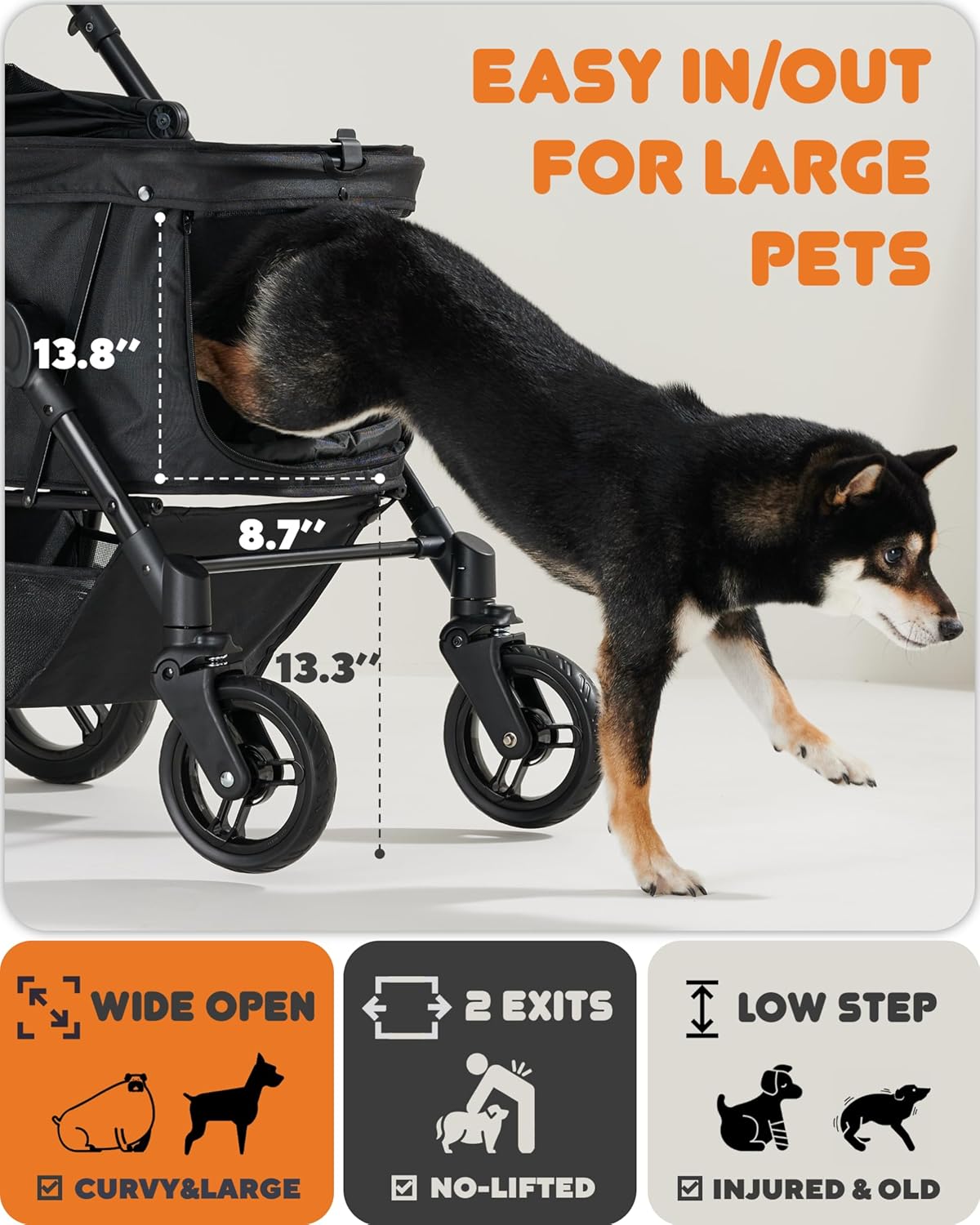 All-terrain dog stroller in gray with waterproof Oxford fiber, adjustable canopy, and storage organizer for large dogs — back