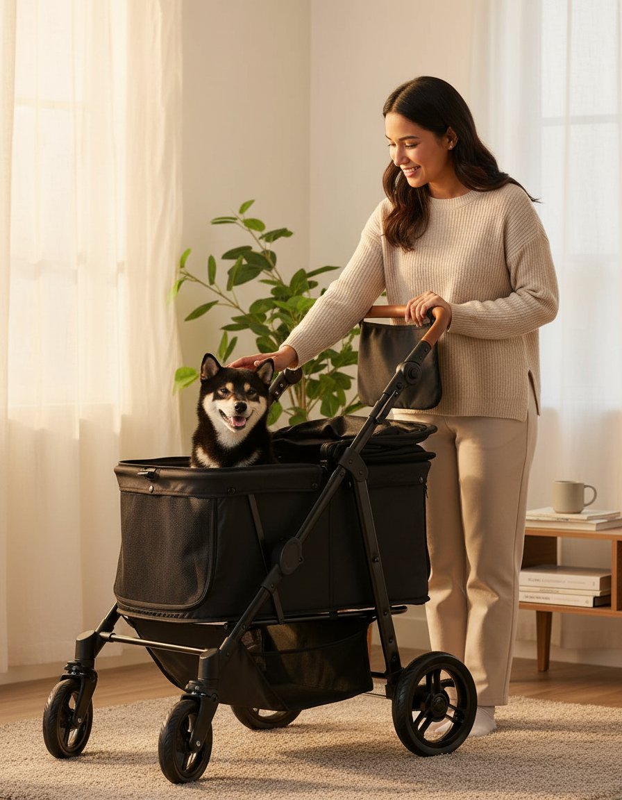 All-terrain dog stroller in gray with waterproof Oxford fiber, adjustable canopy, and storage organizer for large dogs — view 1