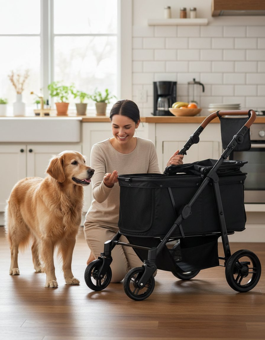 All-terrain dog stroller in gray with waterproof Oxford fiber, adjustable canopy, and storage organizer for large dogs — view 2