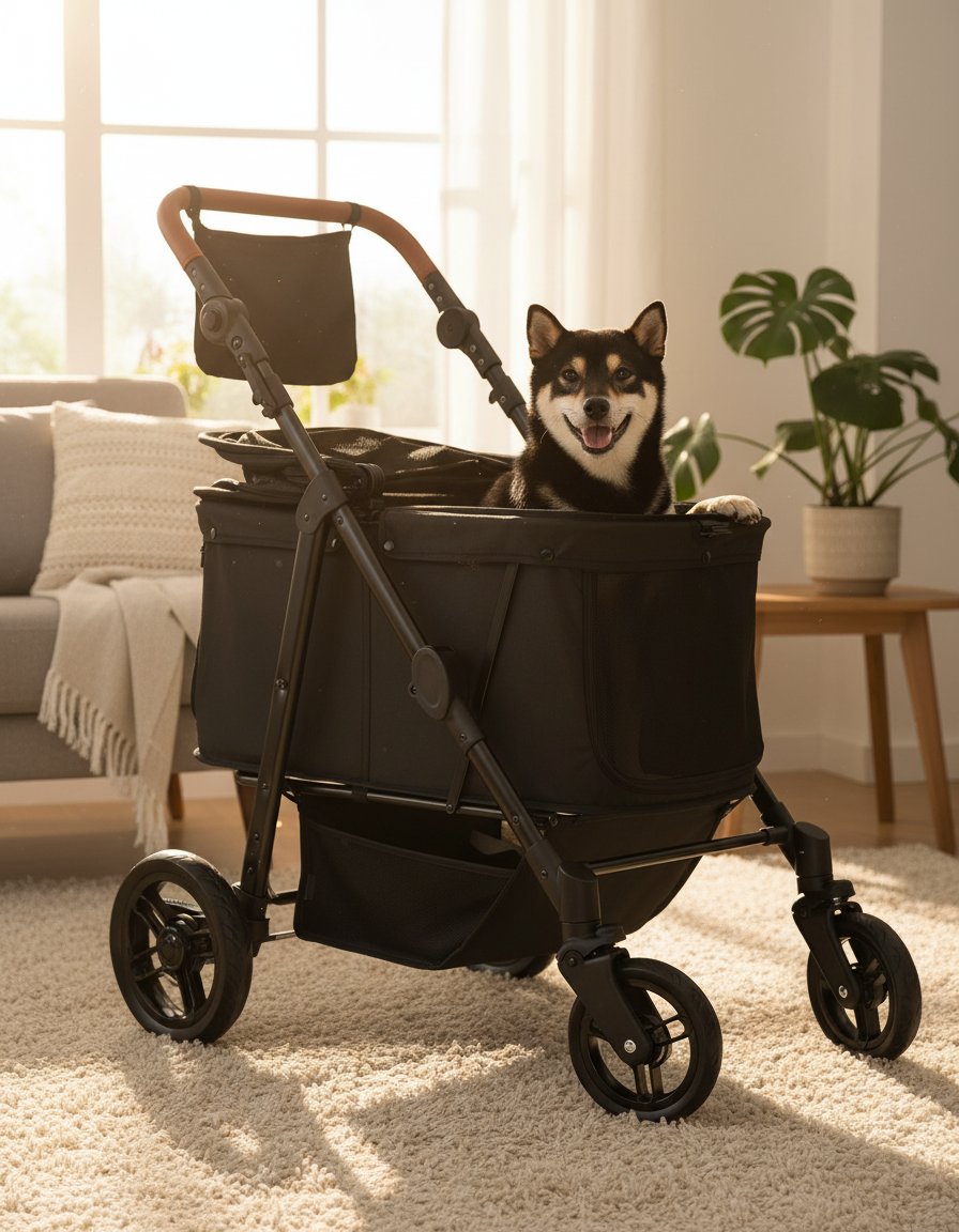 All-terrain dog stroller in gray with waterproof Oxford fiber, adjustable canopy, and storage organizer for large dogs — view 3a