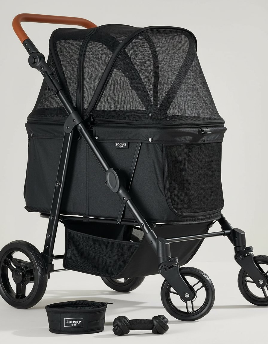 All-terrain dog stroller in gray with waterproof Oxford fiber, adjustable canopy, and storage organizer for large dogs — view 5b