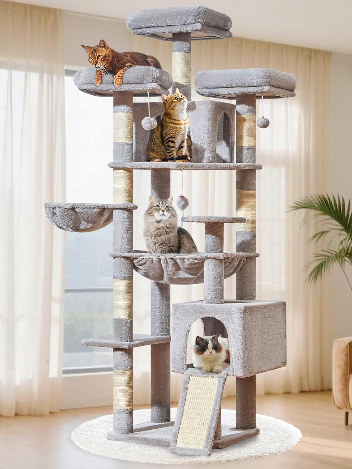 Light gray 76-inch XXL cat tree with sisal posts, metal hammock, and multiple perches for large cats — view 1
