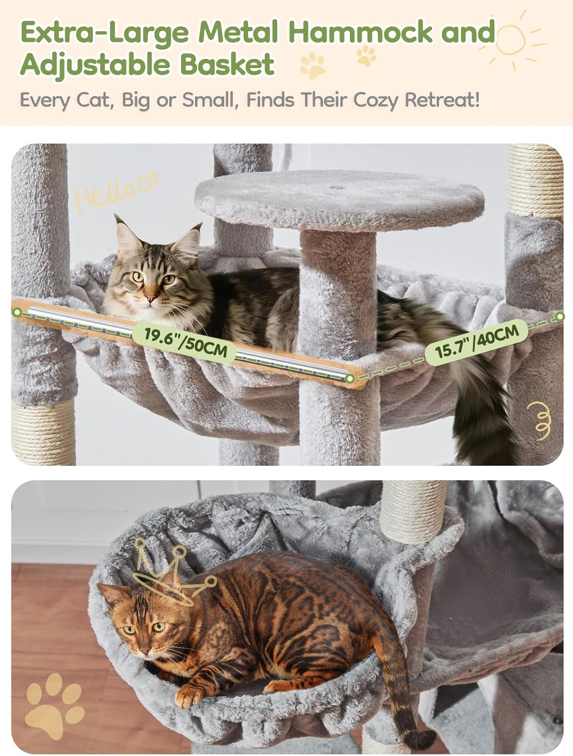 Light gray 76-inch XXL cat tree with sisal posts, metal hammock, and multiple perches for large cats — view 2