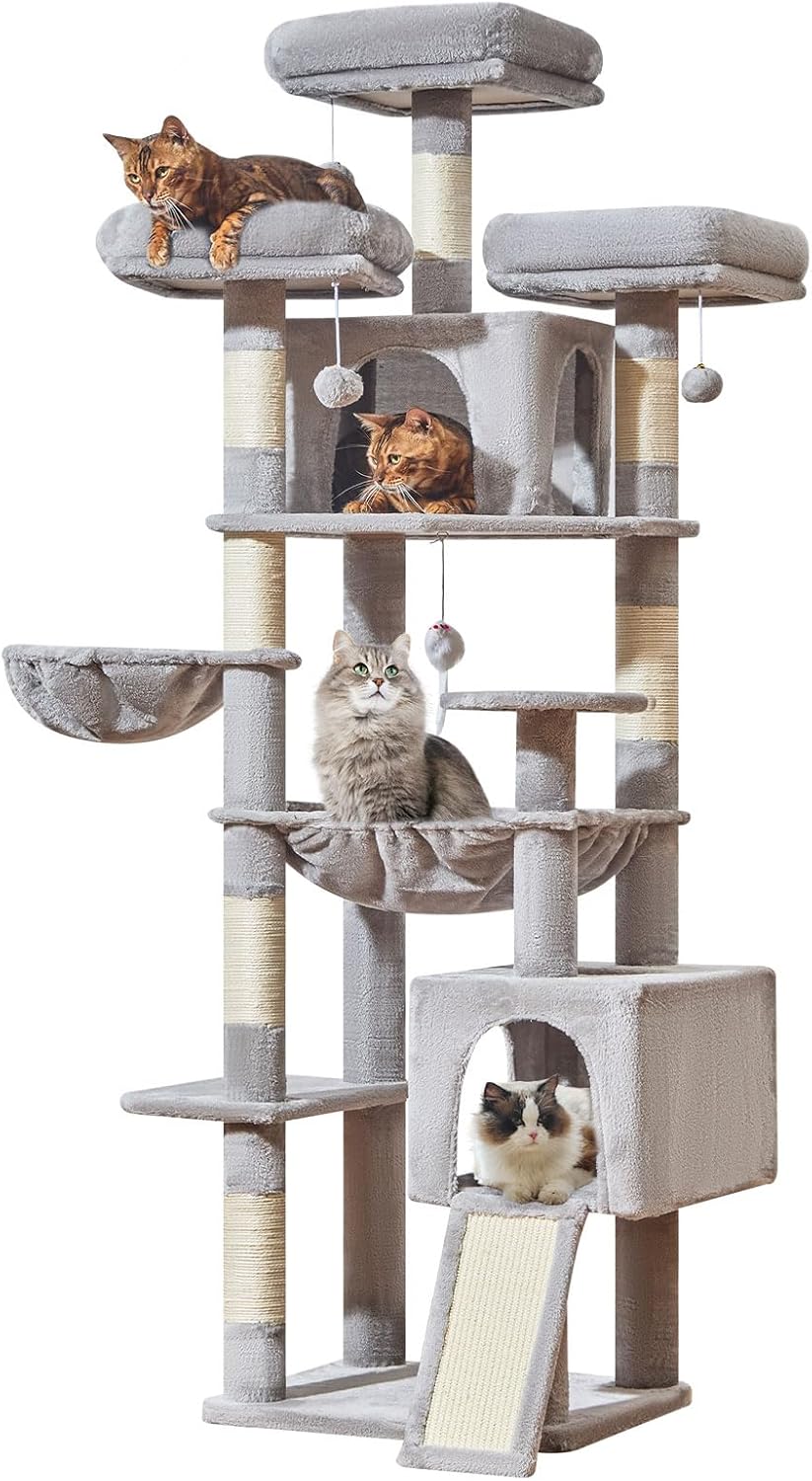 Light gray 76-inch XXL cat tree with sisal posts, metal hammock, and multiple perches for large cats — view 4