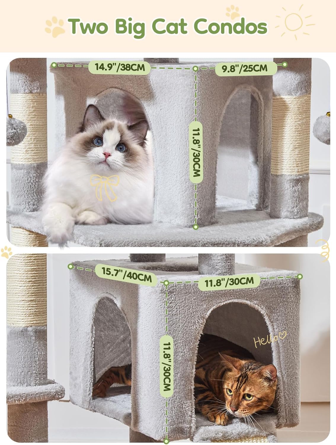 Light gray 76-inch XXL cat tree with sisal posts, metal hammock, and multiple perches for large cats — view 2