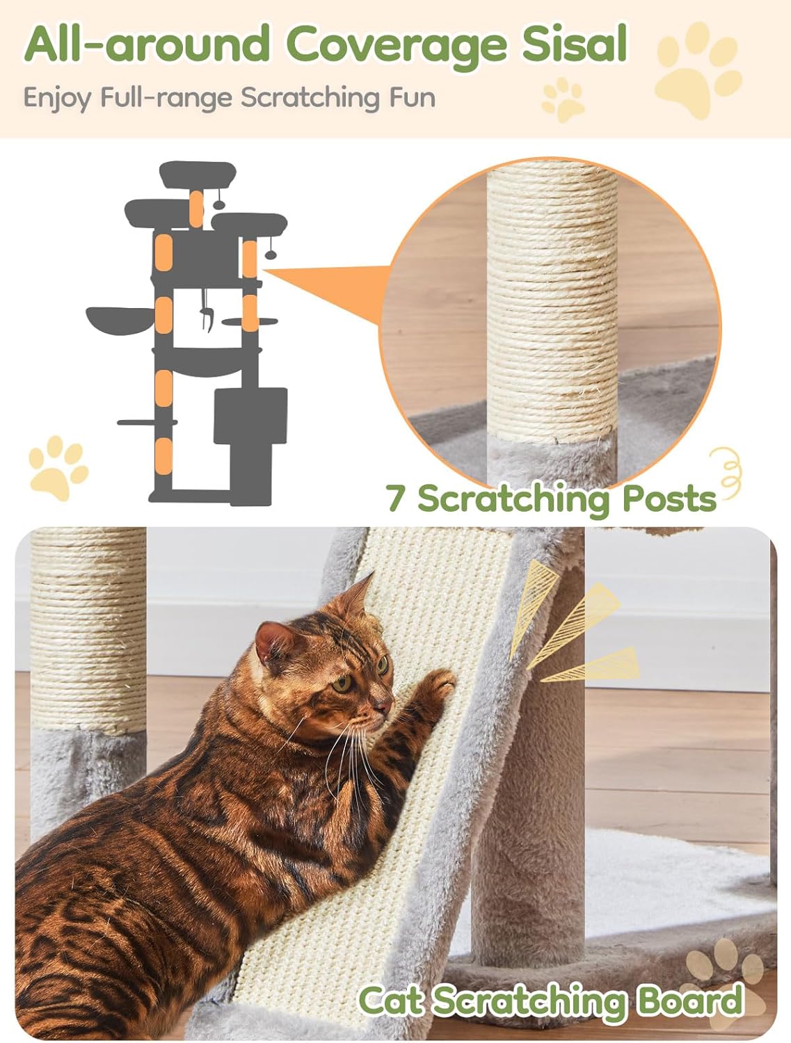Light gray 76-inch XXL cat tree with sisal posts, metal hammock, and multiple perches for large cats — view 3