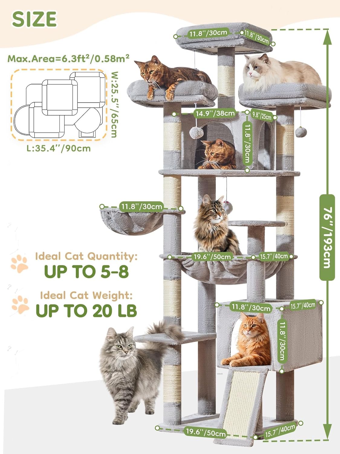 Light gray 76-inch XXL cat tree with sisal posts, metal hammock, and multiple perches for large cats — view 4