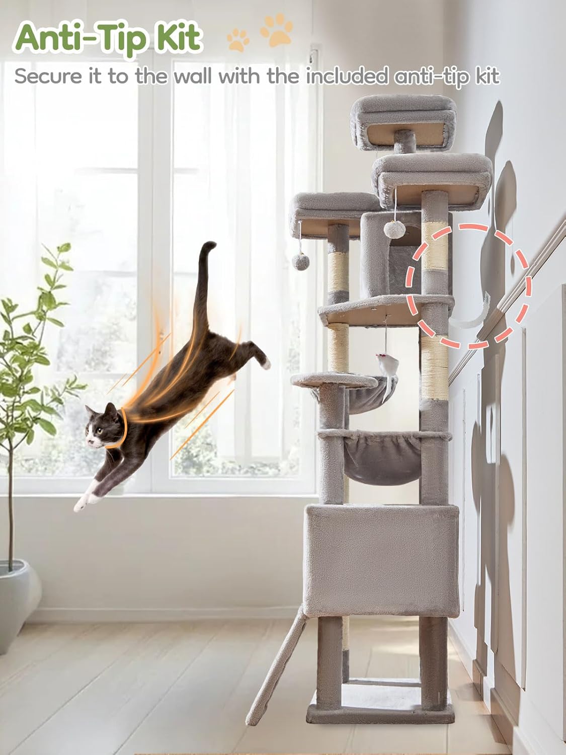 Light gray 76-inch XXL cat tree with sisal posts, metal hammock, and multiple perches for large cats — view 5