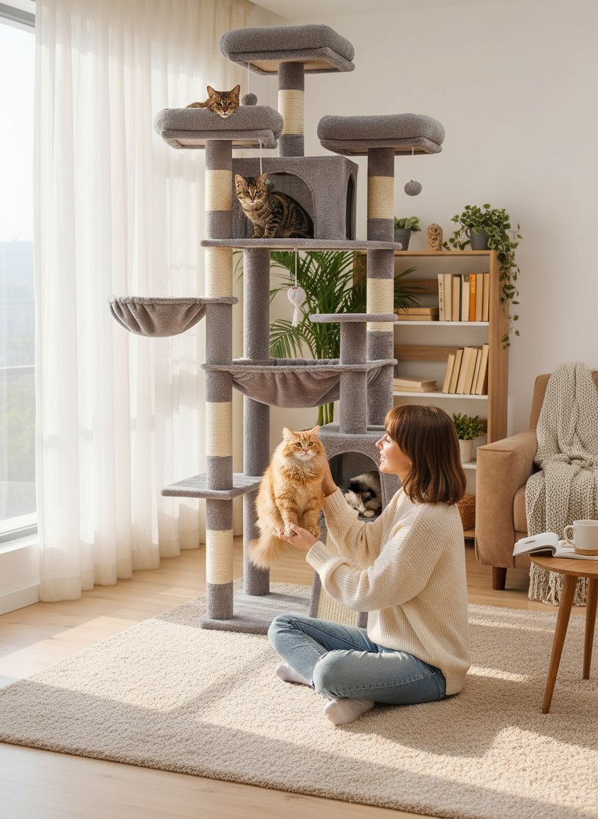 Light gray 76-inch XXL cat tree with sisal posts, metal hammock, and multiple perches for large cats — view 1