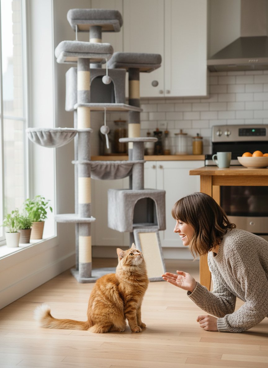 Light gray 76-inch XXL cat tree with sisal posts, metal hammock, and multiple perches for large cats — view 2