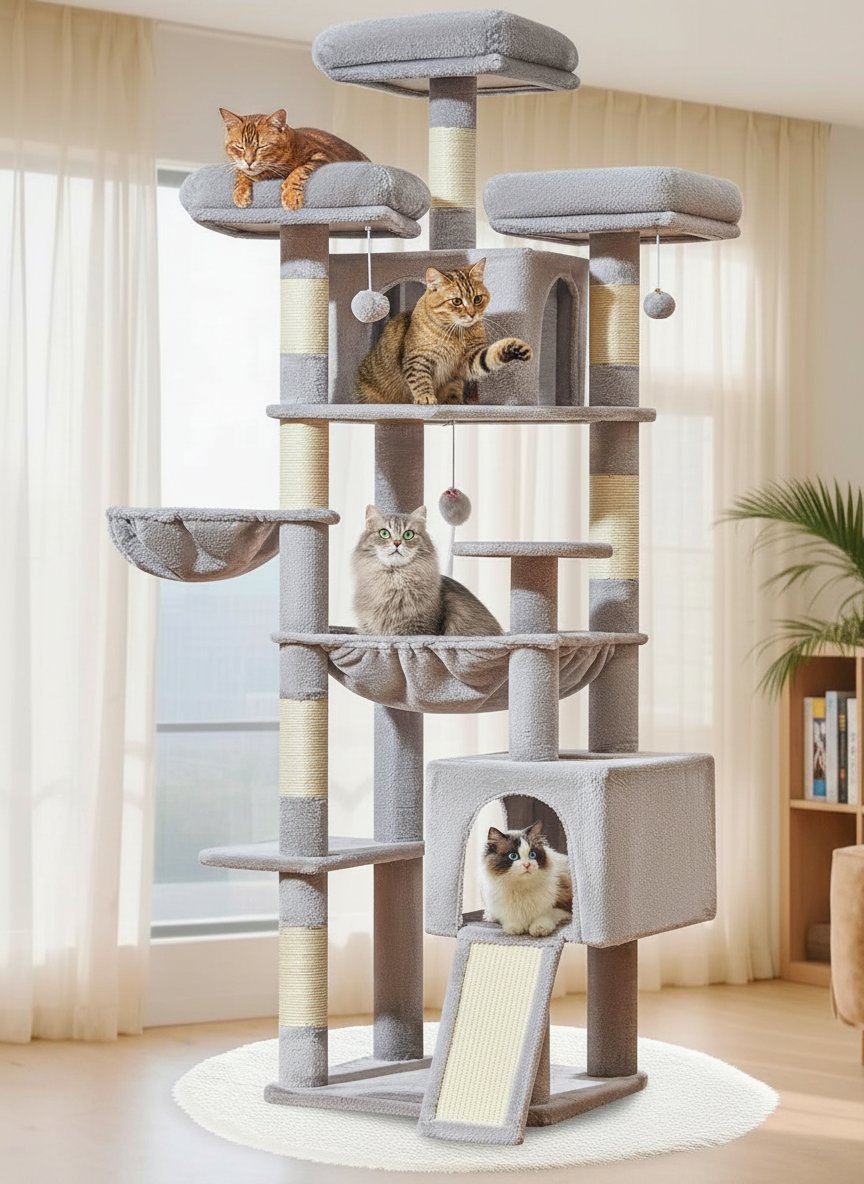 Light gray 76-inch XXL cat tree with sisal posts, metal hammock, and multiple perches for large cats — view 3a
