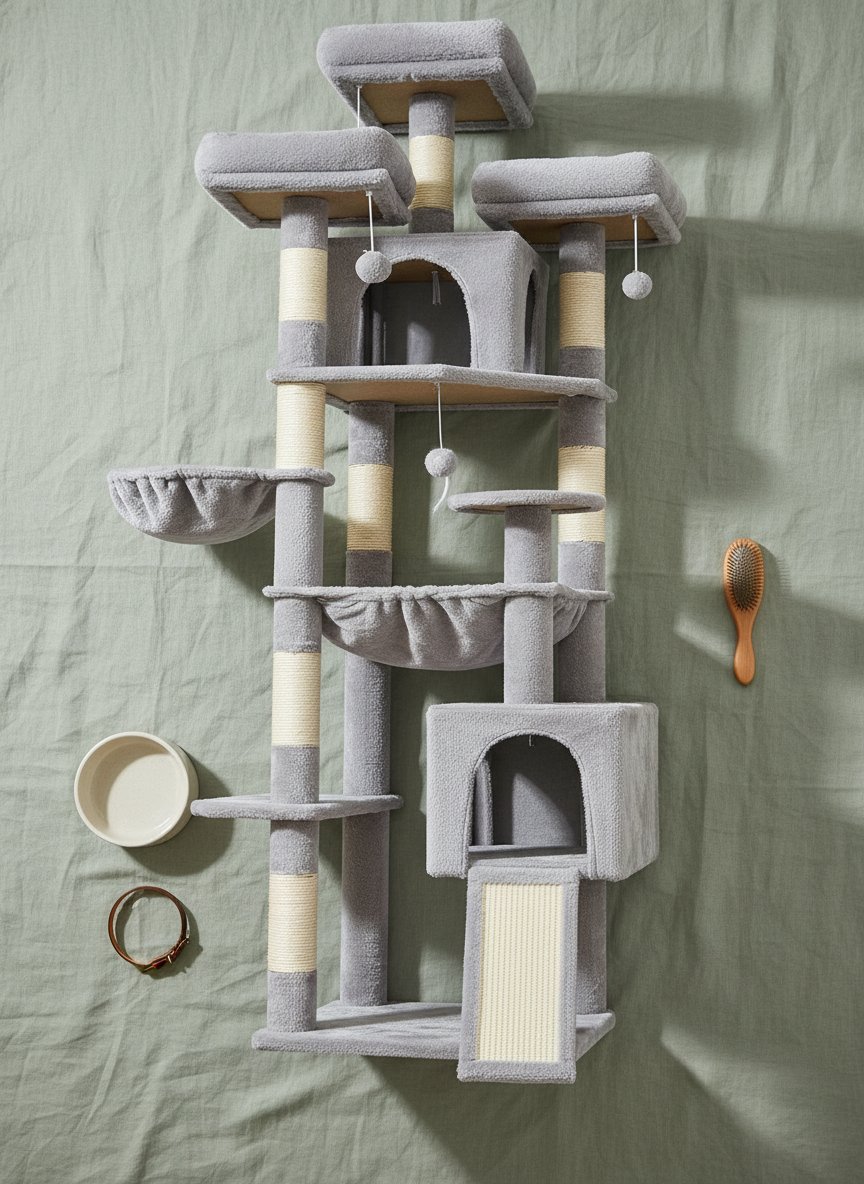 Light gray 76-inch XXL cat tree with sisal posts, metal hammock, and multiple perches for large cats — view 4