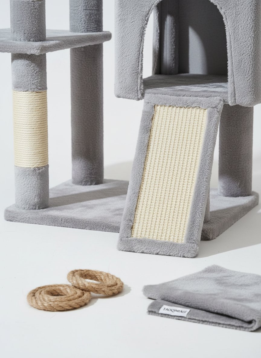 Light gray 76-inch XXL cat tree with sisal posts, metal hammock, and multiple perches for large cats — view 5b