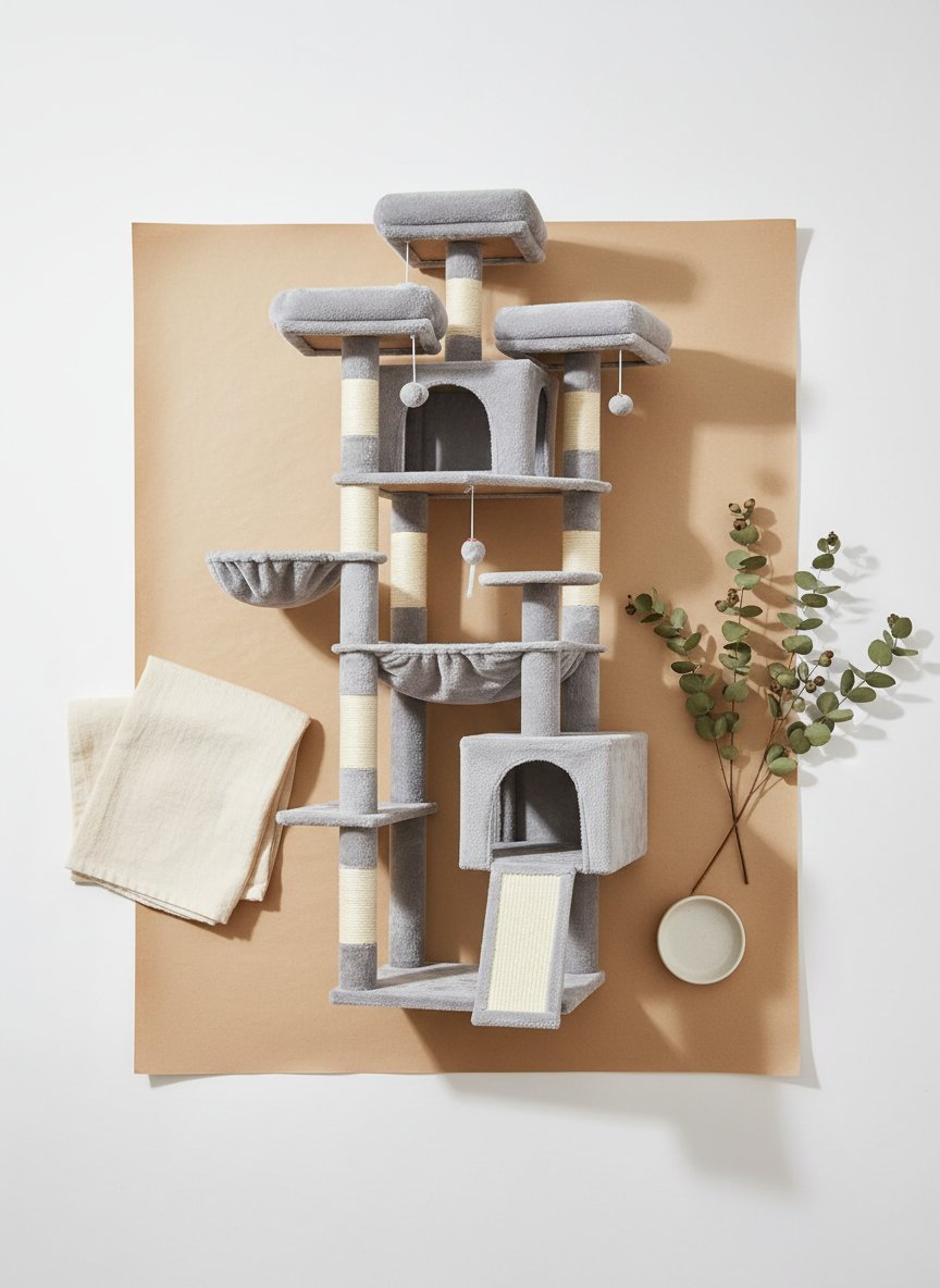 Light gray 76-inch XXL cat tree with sisal posts, metal hammock, and multiple perches for large cats — view 7b