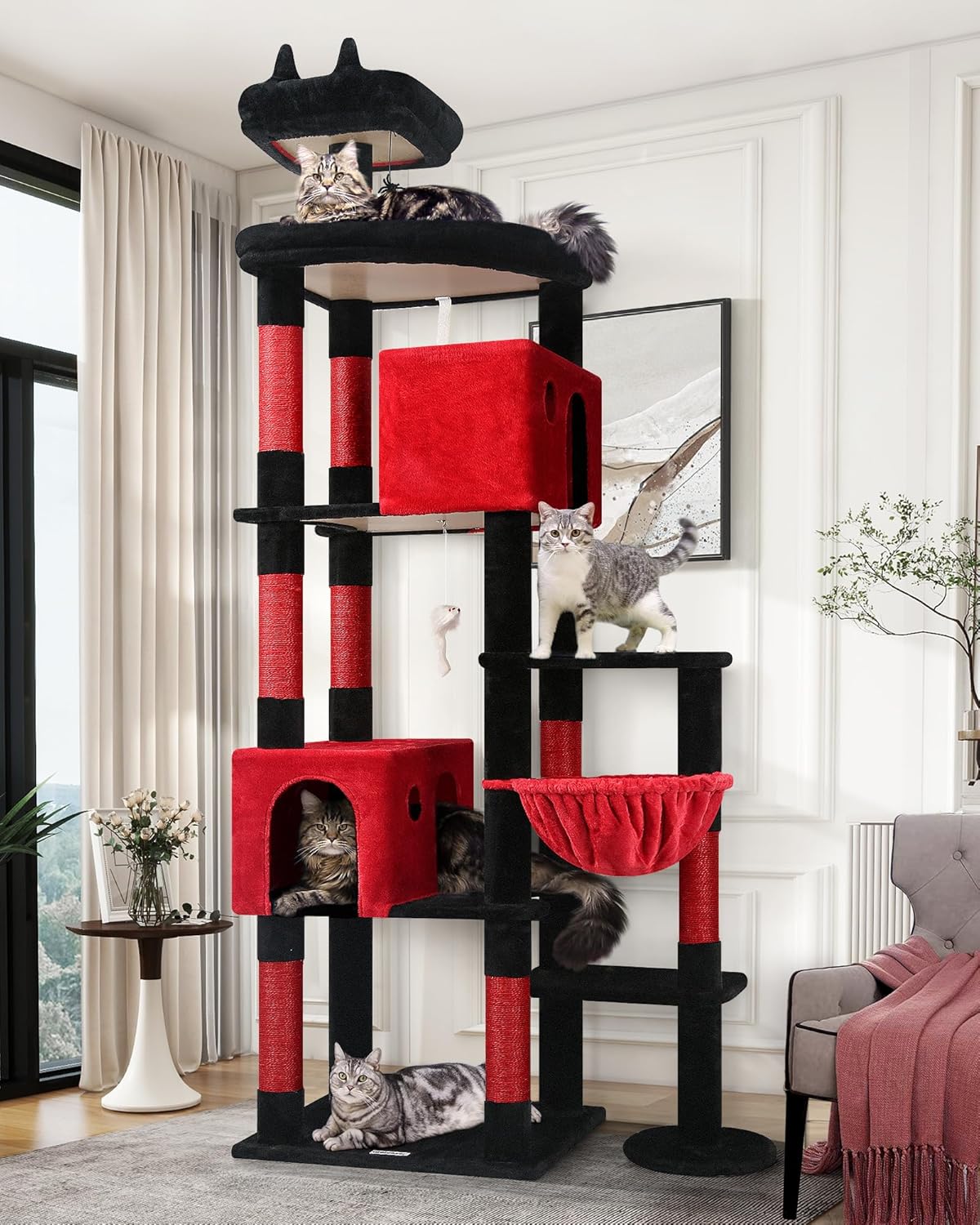 Blood-red gothic XXL cat tree with 9 sisal scratching posts and plush perches for large adult cats โ view 1