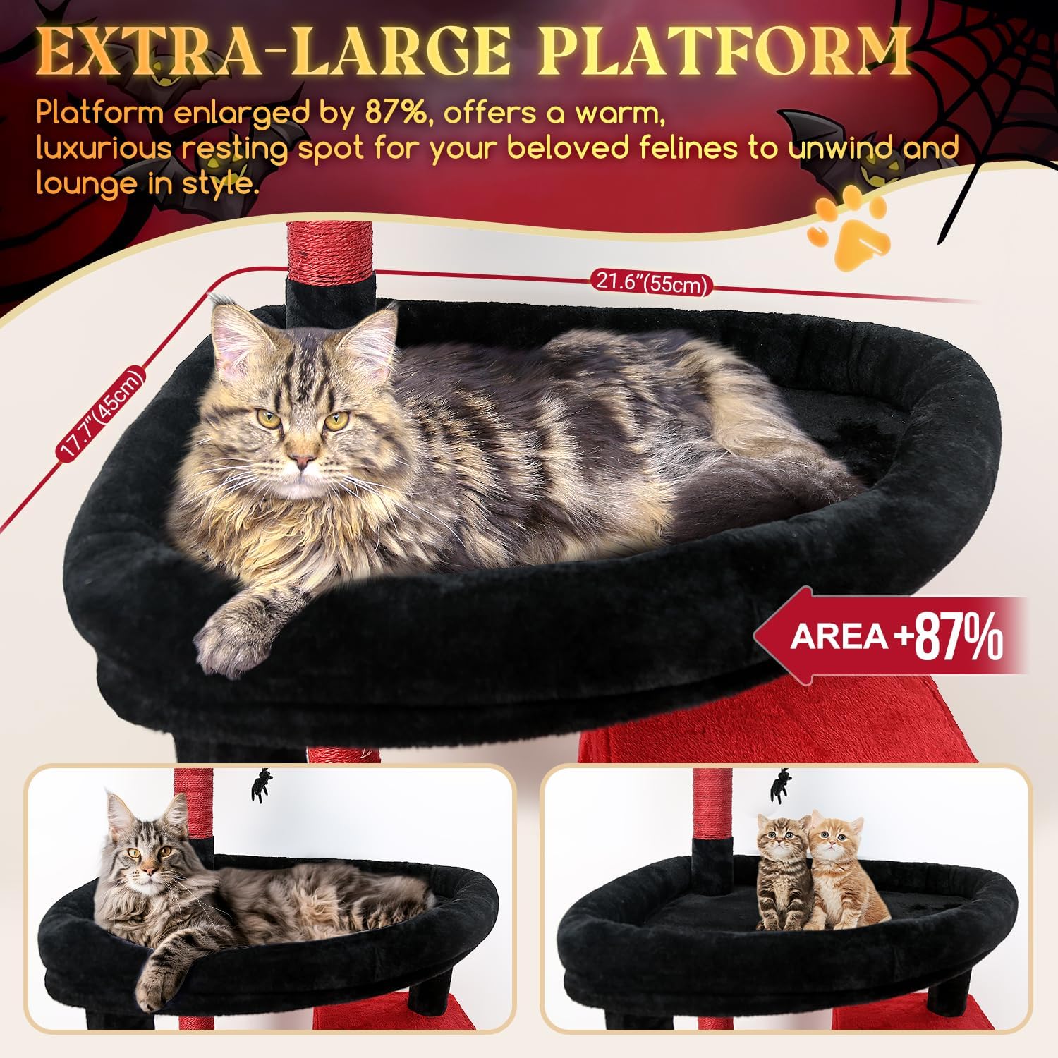Blood-red gothic XXL cat tree with 9 sisal scratching posts and plush perches for large adult cats โ view 2