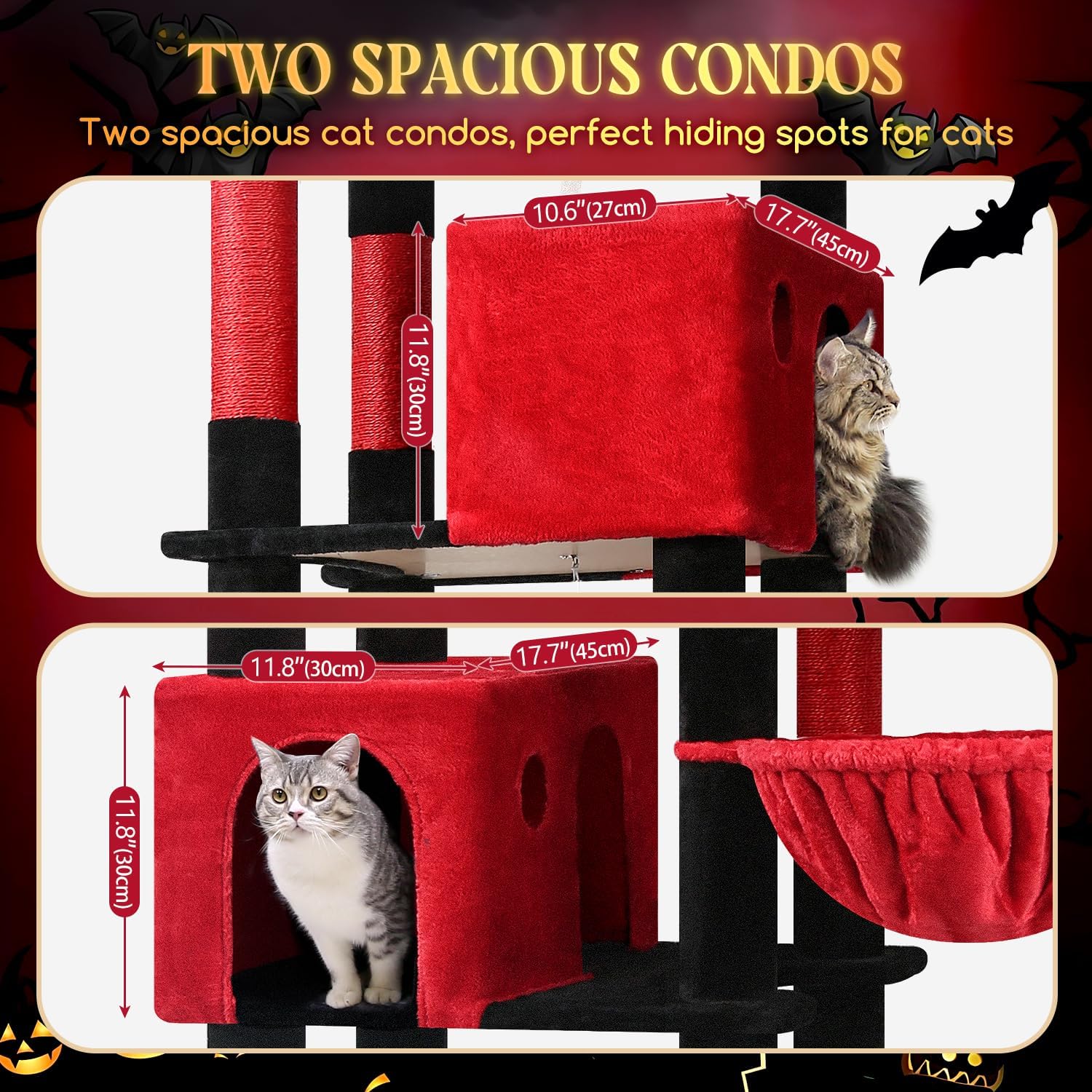 Blood-red gothic XXL cat tree with 9 sisal scratching posts and plush perches for large adult cats โ view 3
