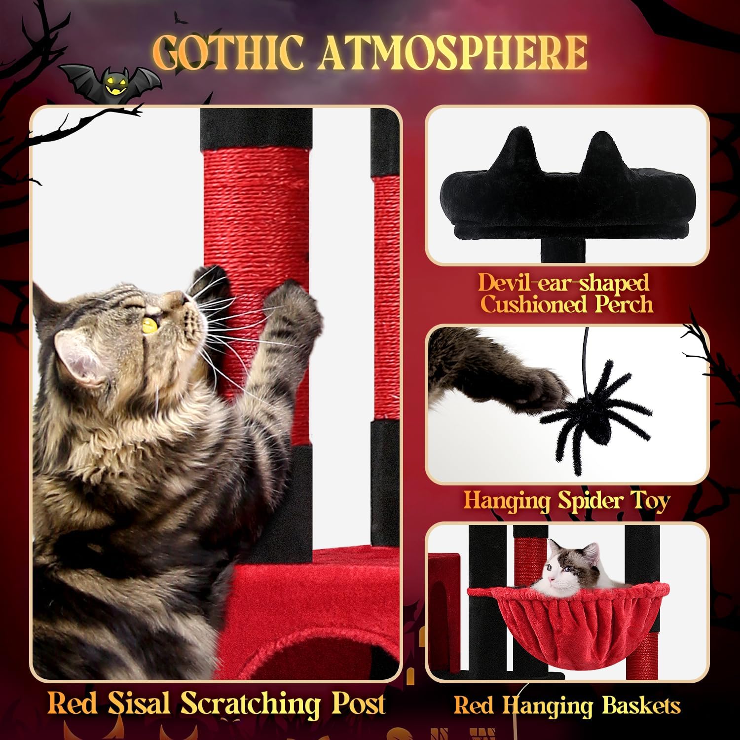 Blood-red gothic XXL cat tree with 9 sisal scratching posts and plush perches for large adult cats โ view 4