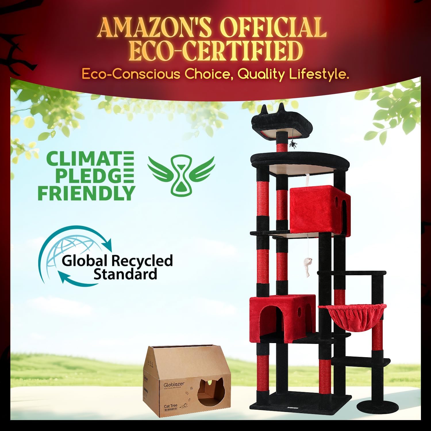 Blood-red gothic XXL cat tree with 9 sisal scratching posts and plush perches for large adult cats โ view 2
