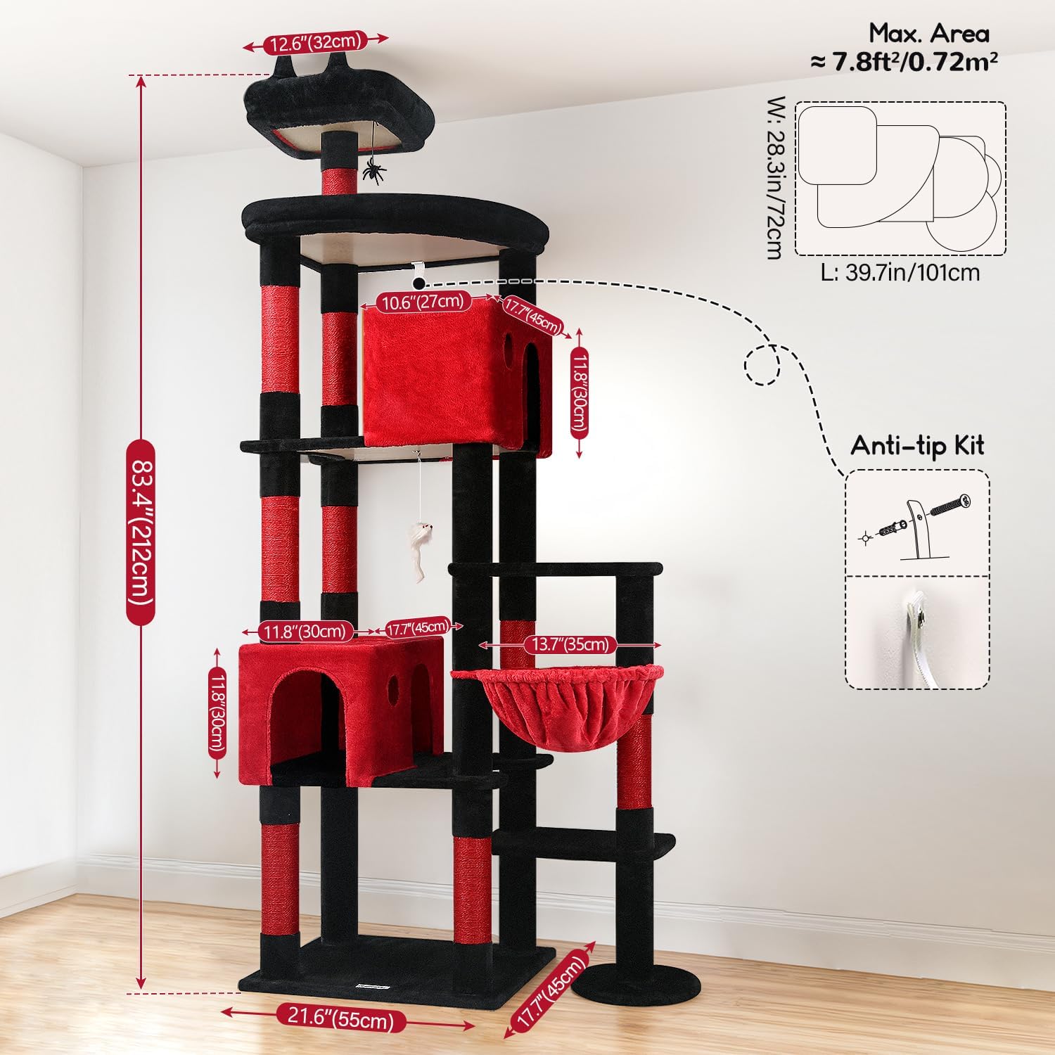 Blood-red gothic XXL cat tree with 9 sisal scratching posts and plush perches for large adult cats โ view 3