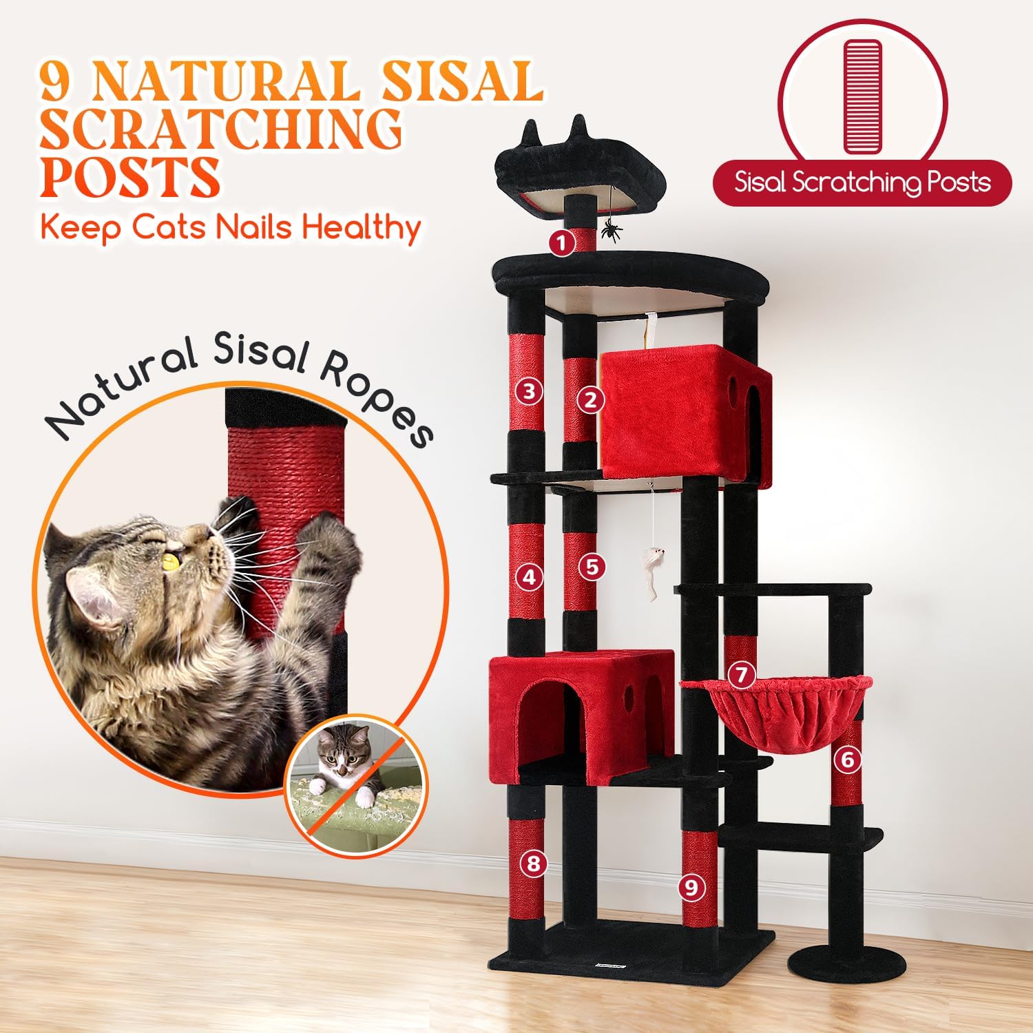 Blood-red gothic XXL cat tree with 9 sisal scratching posts and plush perches for large adult cats โ view 4