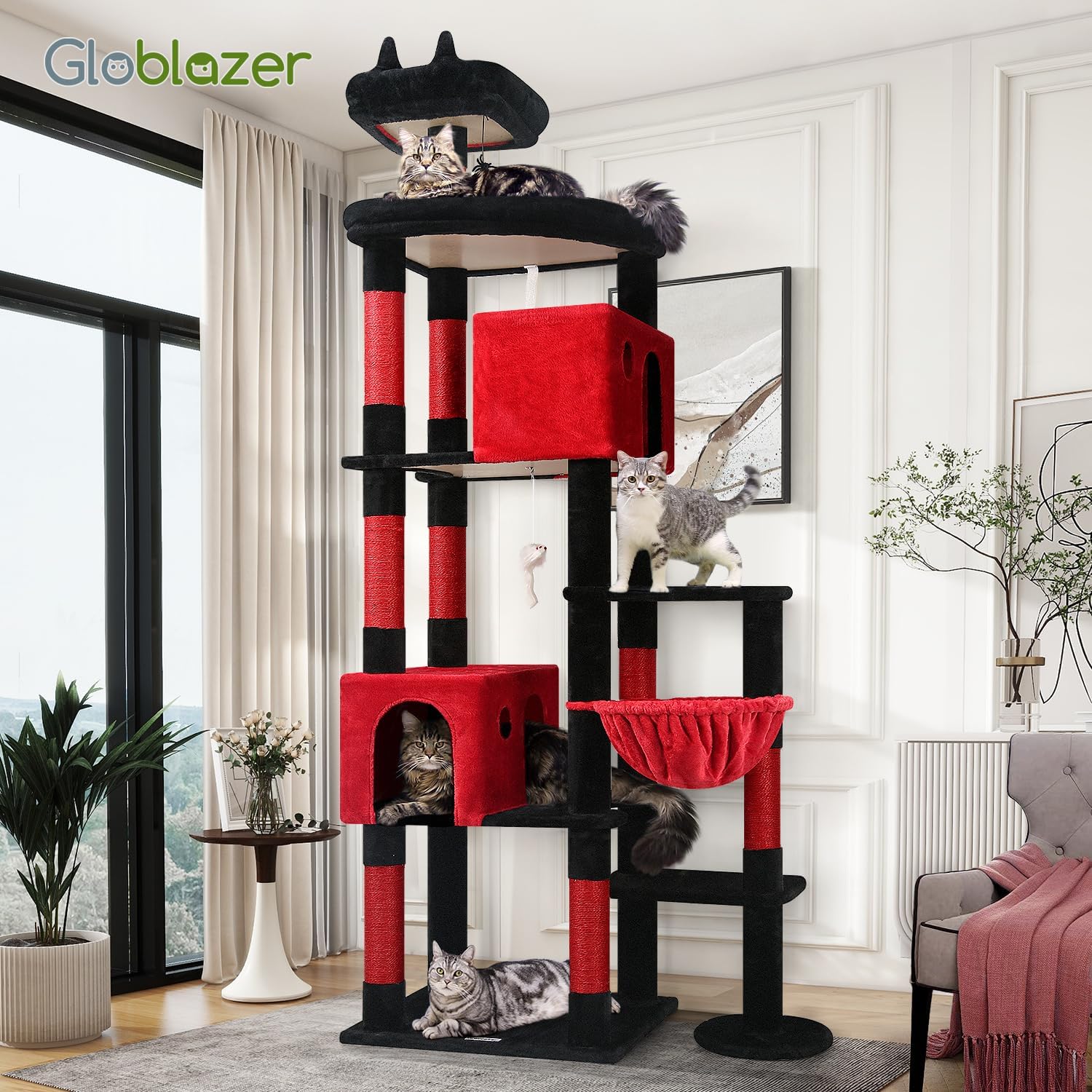 Blood-red gothic XXL cat tree with 9 sisal scratching posts and plush perches for large adult cats โ view 5