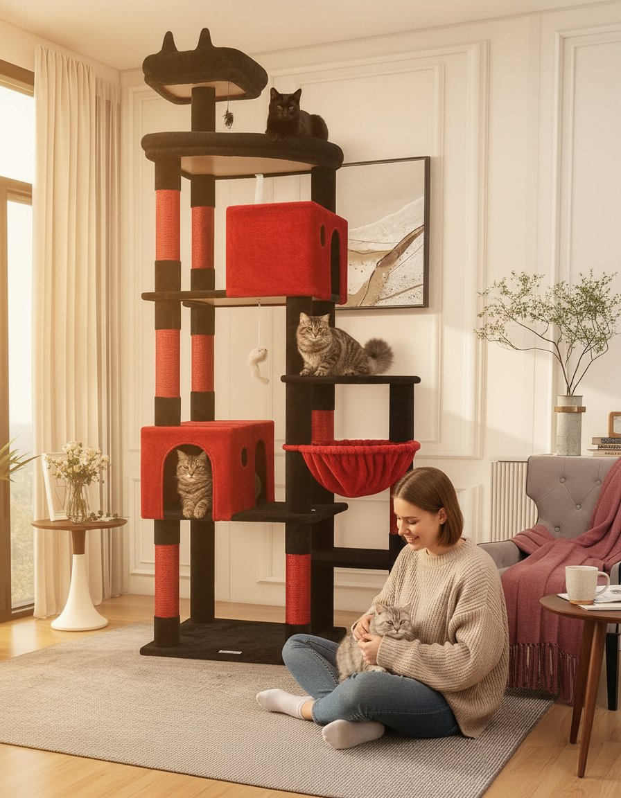 Blood-red gothic XXL cat tree with 9 sisal scratching posts and plush perches for large adult cats — view 1