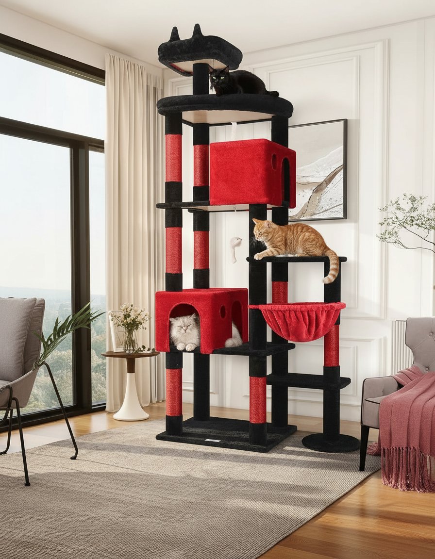 Blood-red gothic XXL cat tree with 9 sisal scratching posts and plush perches for large adult cats — view 3a
