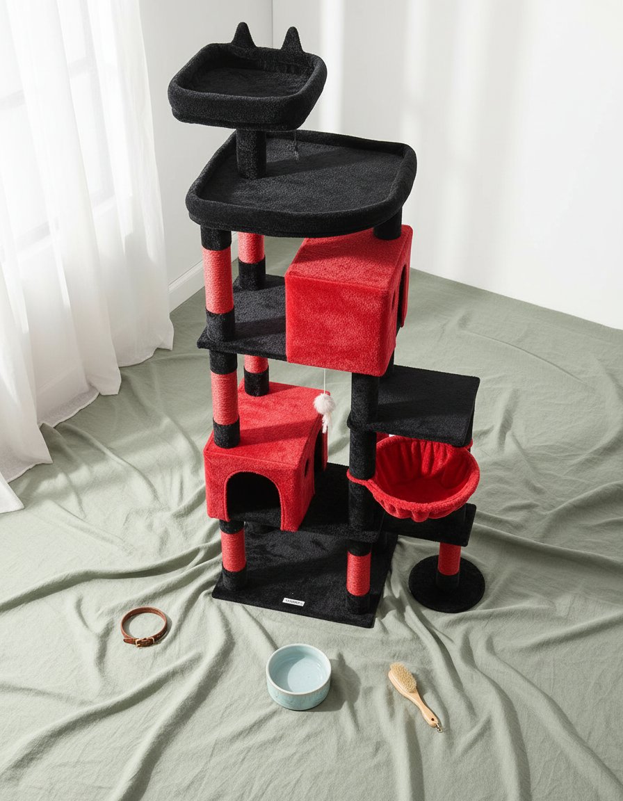 Blood-red gothic XXL cat tree with 9 sisal scratching posts and plush perches for large adult cats — view 4