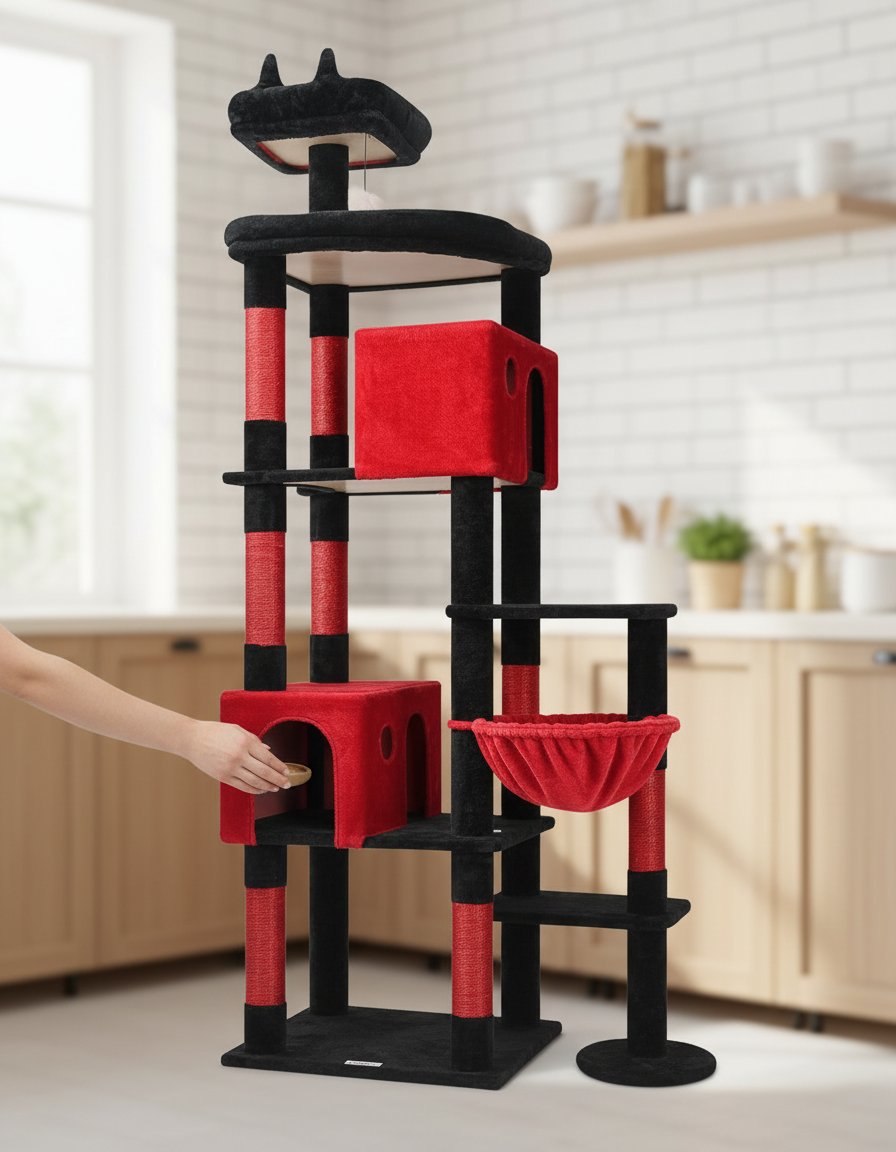 Blood-red gothic XXL cat tree with 9 sisal scratching posts and plush perches for large adult cats — view 6