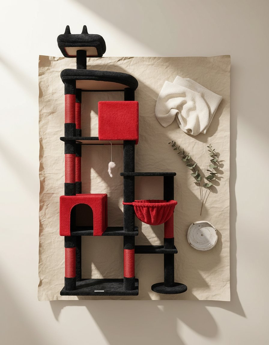 Blood-red gothic XXL cat tree with 9 sisal scratching posts and plush perches for large adult cats — view 7b