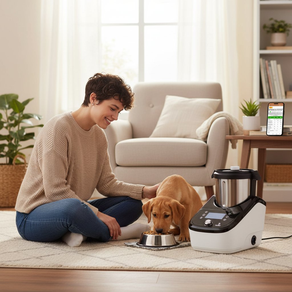 Stainless steel automatic pet food maker with built-in mixer, cooker, and digital scale for fresh home-cooked dog meals — view 1