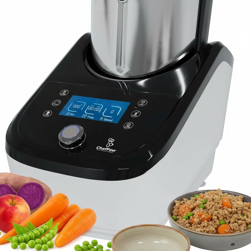 Stainless steel automatic pet food maker with built-in mixer, cooker, and digital scale for fresh home-cooked dog meals — view 5b