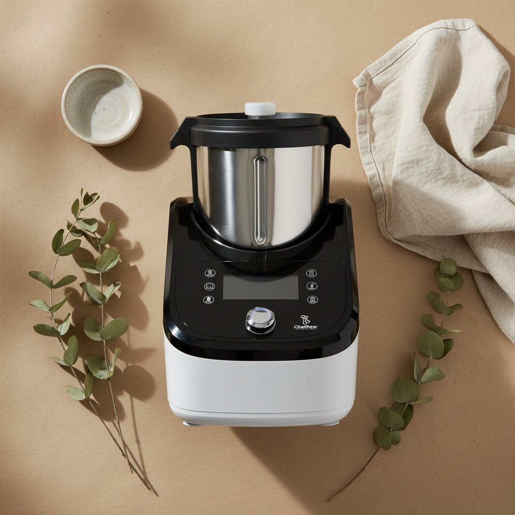 Stainless steel automatic pet food maker with built-in mixer, cooker, and digital scale for fresh home-cooked dog meals — view 7b