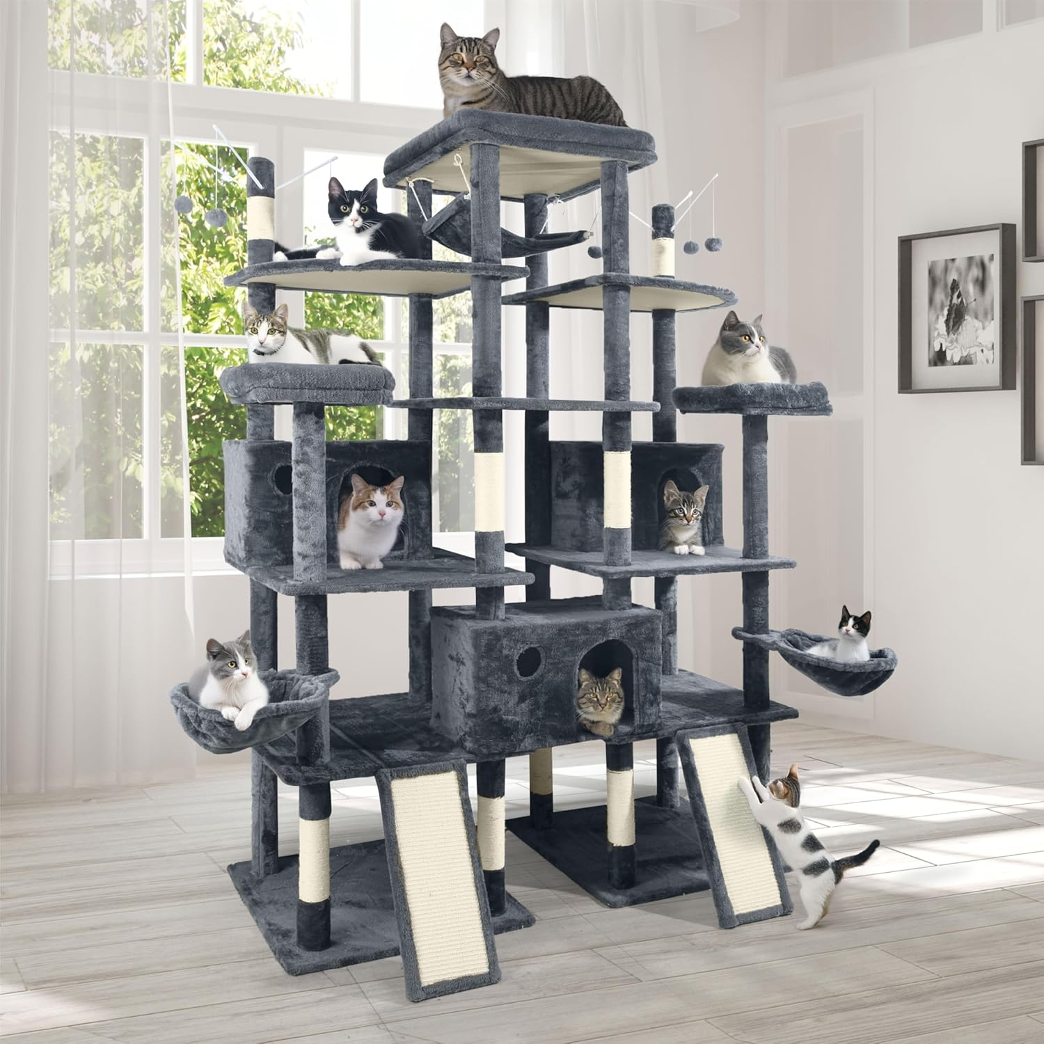 Modern 80-inch tall cat tree with multiple levels, wide perches, sisal rope scratching posts, and hammock for large cats — view 1