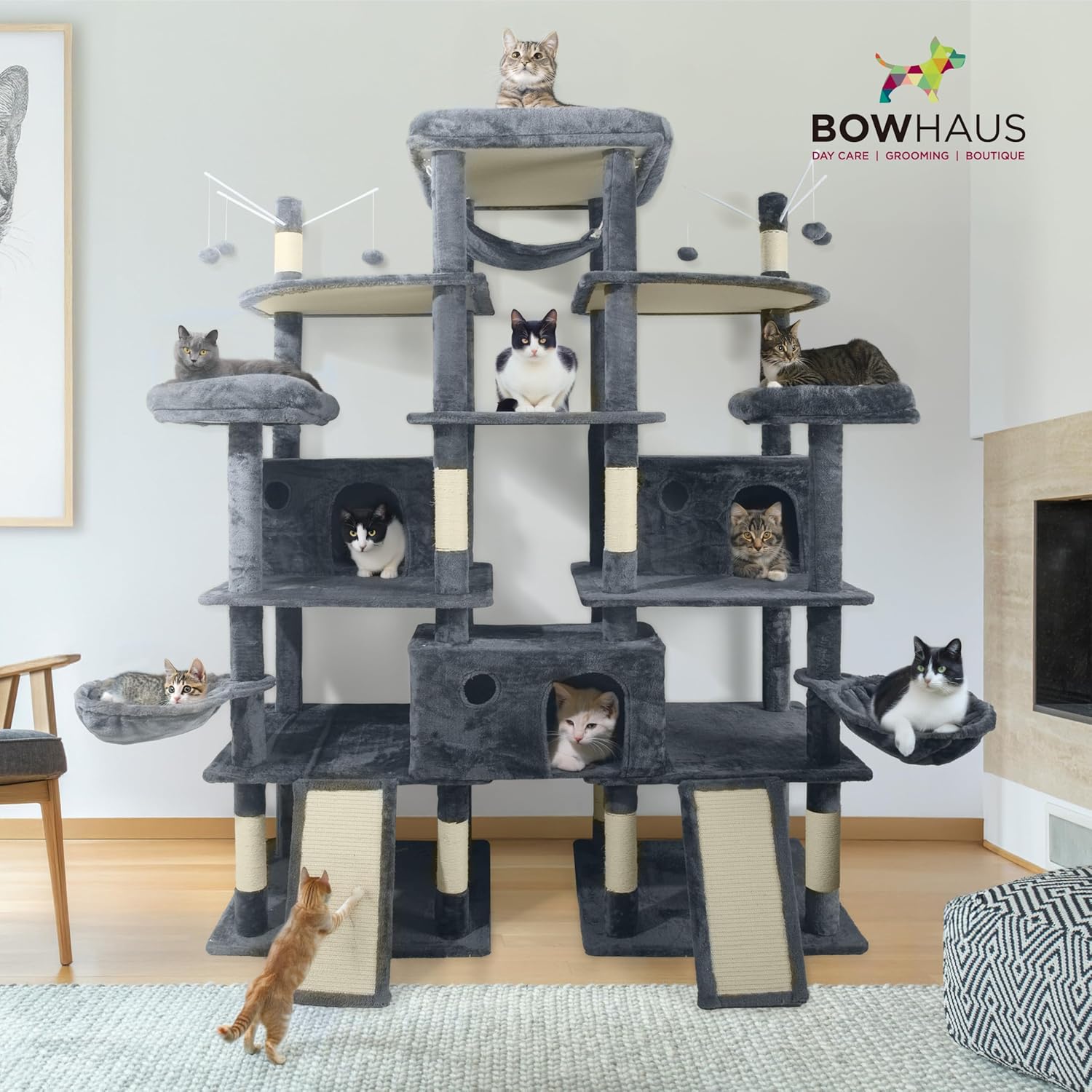 Modern 80-inch tall cat tree with multiple levels, wide perches, sisal rope scratching posts, and hammock for large cats — view 2