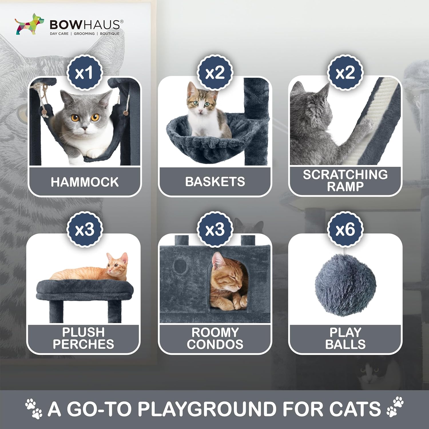 Modern 80-inch tall cat tree with multiple levels, wide perches, sisal rope scratching posts, and hammock for large cats — view 3